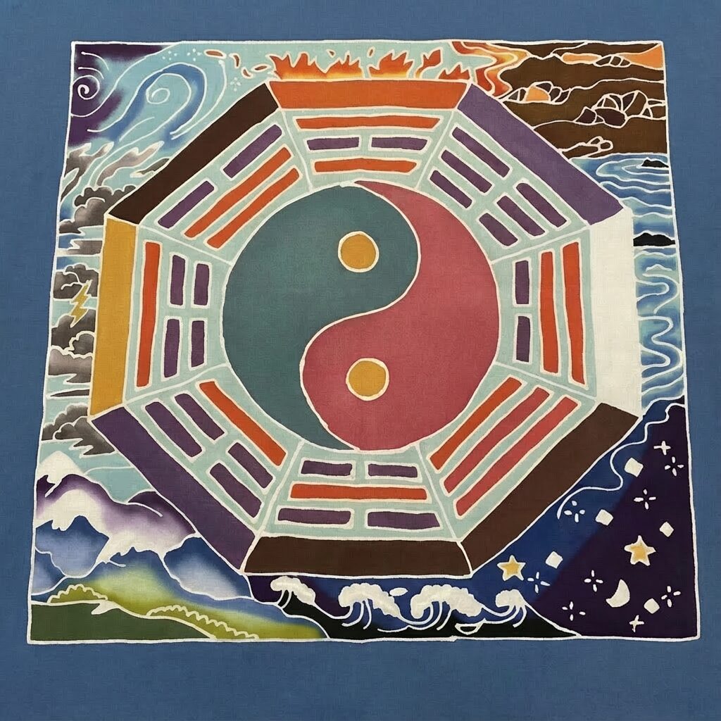Symbol Bagua z wkomponowanym znakiem Yin i Yang oraz motywami sił natury