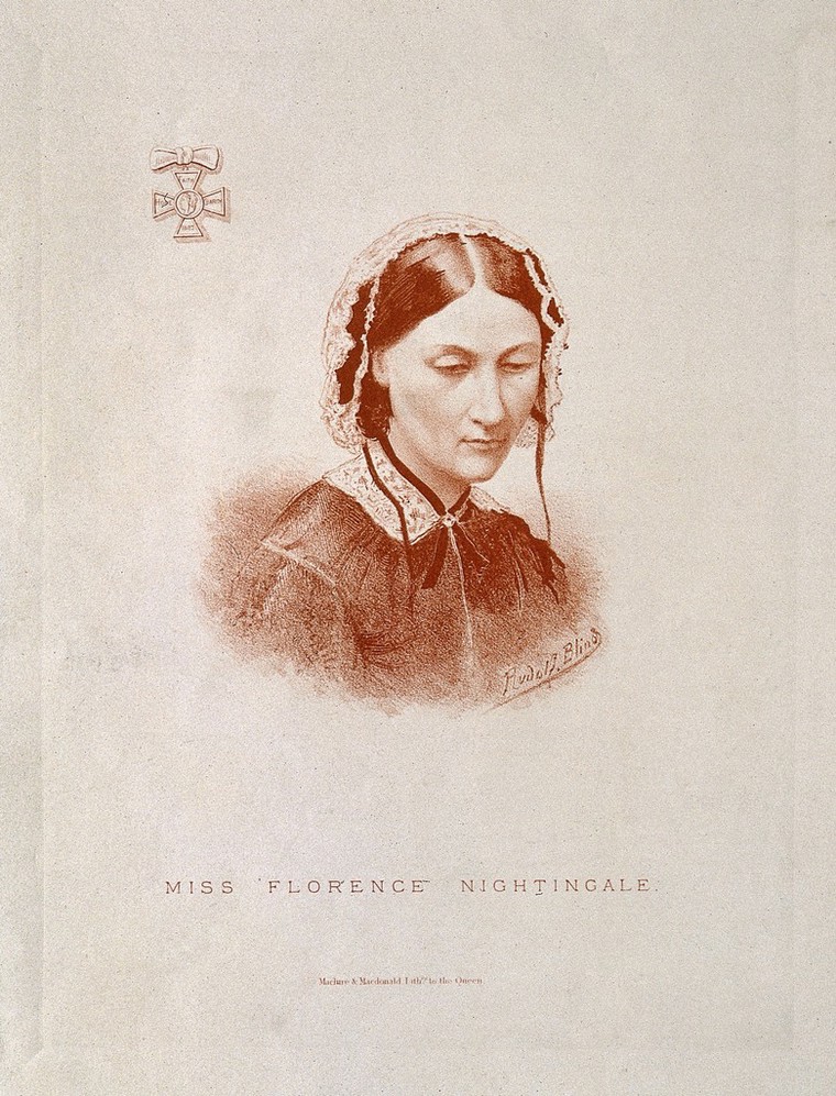 Florence Nightingale. Colour lithograph by R. Blind. Credit: Wellcome Collection. Public Domain Mark.