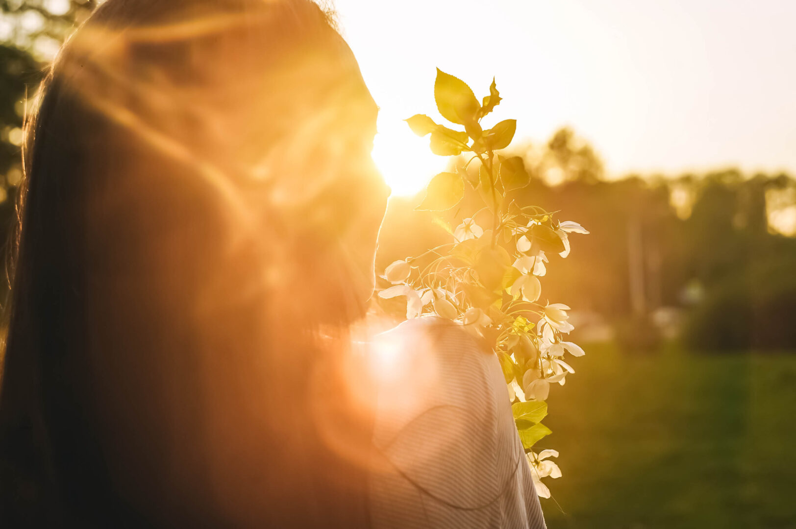 Witamina D, Vitamin D, Sunshine Month 2026, Woman holding blossoming branches in warm sunlight during golden hour, symbolizing the connection between nature, sunlight, and wellbeing